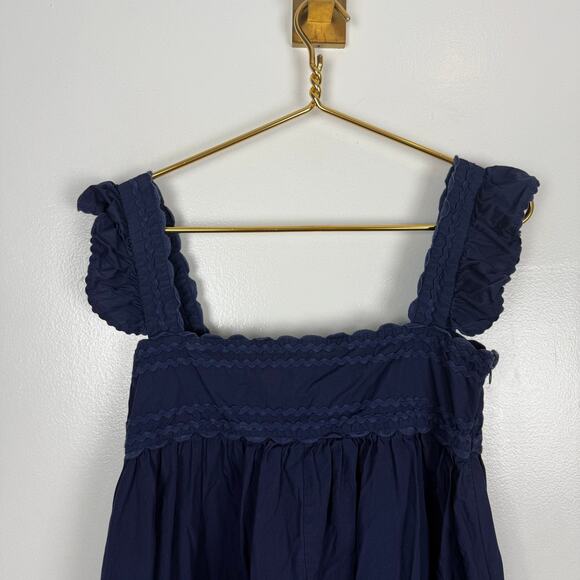 O.P.T. Kalliope Midi Dress Navy Blue Ruffle Straps Pockets Cotton Sz S - Picture 5 of 10